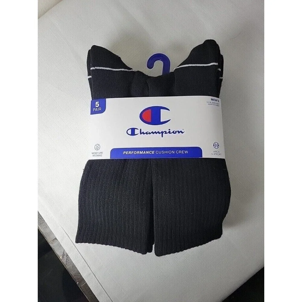 Champion Mens- Crew Black Socks 5 Pair Athleticwear Size 6-12  Cushioned